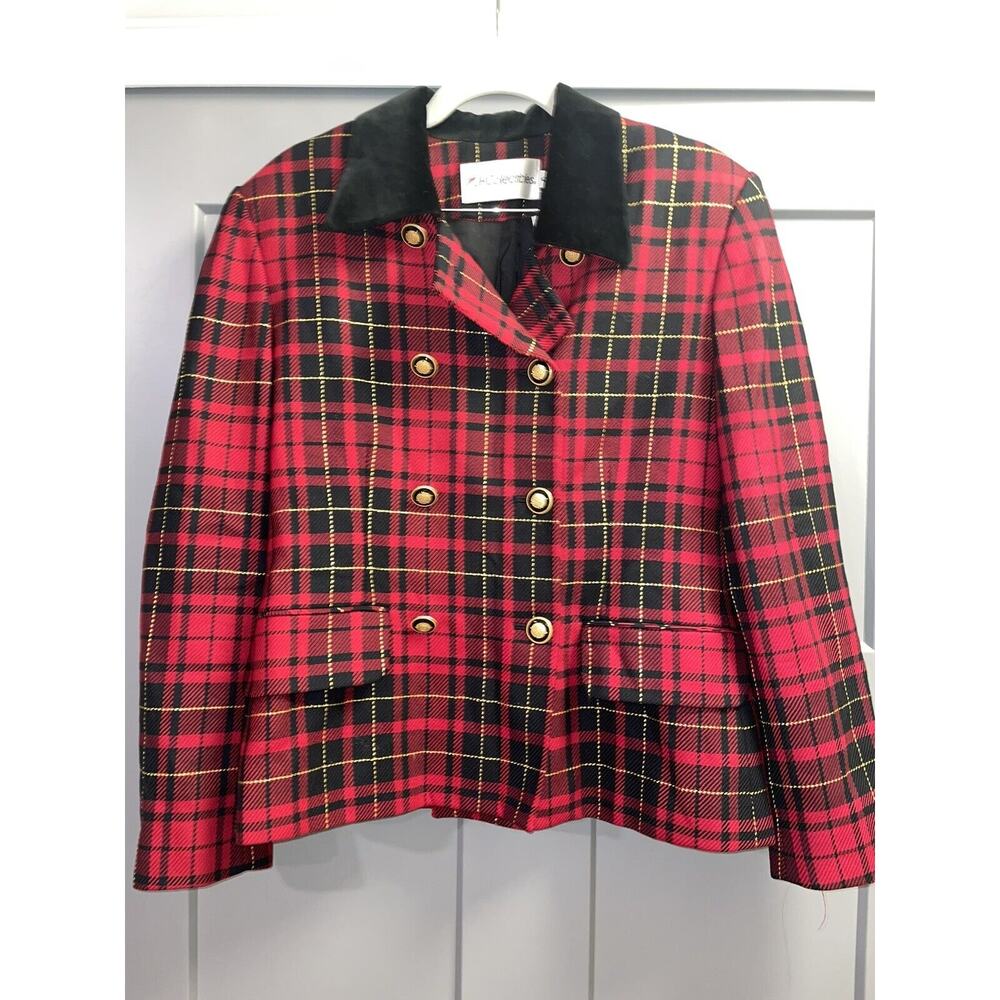 VTG JH Collectibles tartan Red Plaid Wool Blend Velvet Collar Black Gold Button